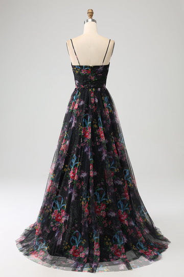 Black A Line Spaghetti Straps Printed Long Ball Dress with Slit